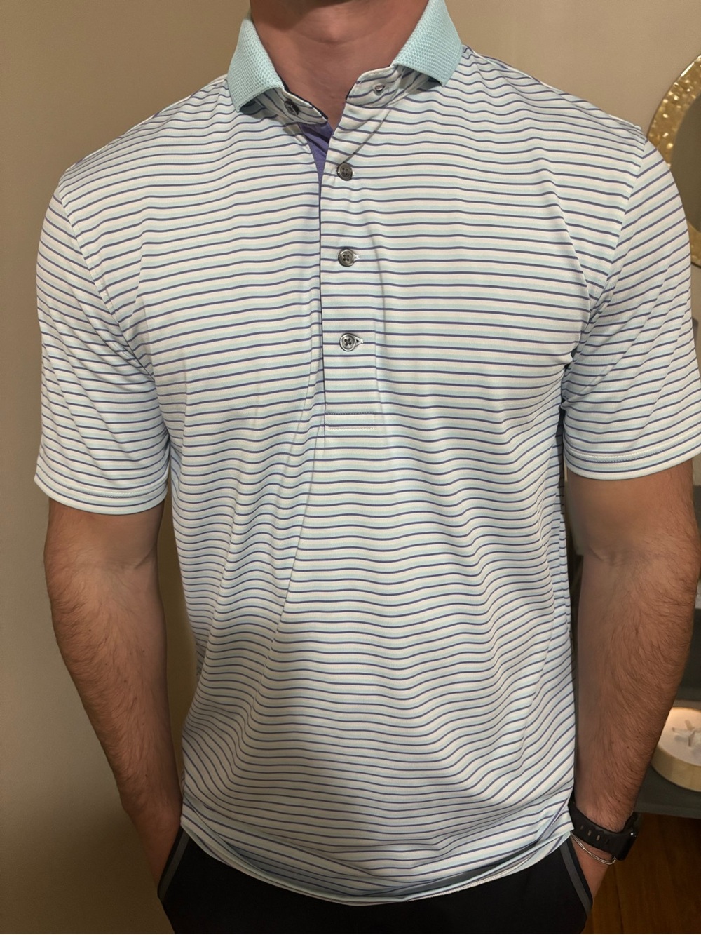 Greyson Men’s  Blue-Striped Polo with Mint Collar